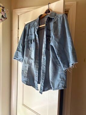 Tribal Denim Light Wash Denim Snap Up Shirt Jacket with Frayed Sleeves